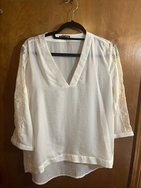 Express Cream V-Neck Lace-Sleeve Blouse - Bundle for Free Shipping